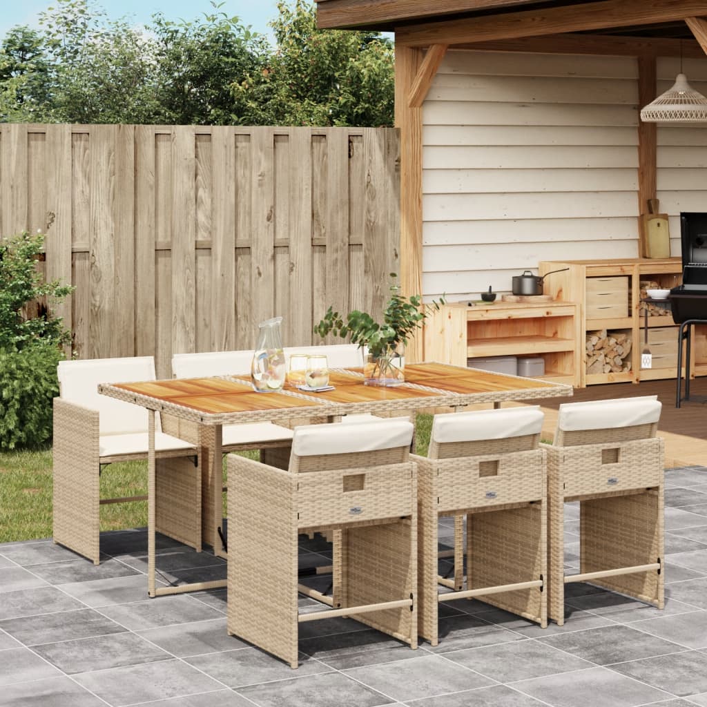 7 Pcs conjunto de jantar p/ jardim com almofadões vime PE bege