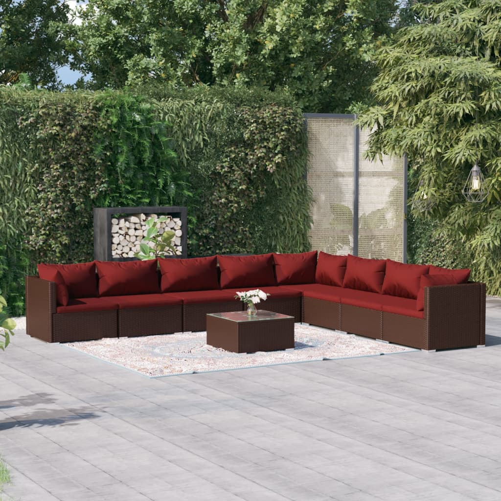 9 Pcs conjunto lounge de jardim c/ almofadões vime PE castanho