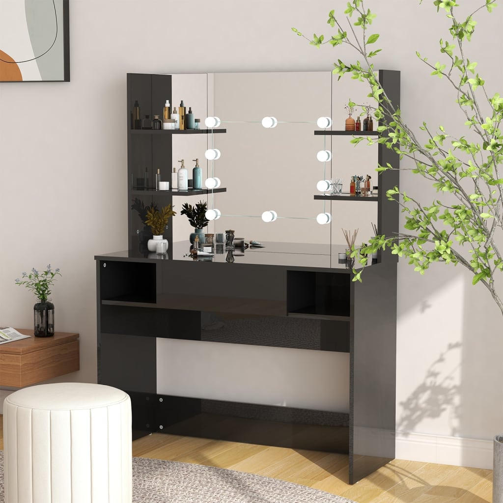 Mesa de maquilhagem c/ leds 100x40x135 cm MDF preto brilhante
