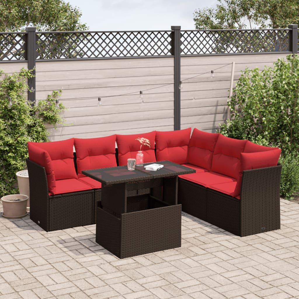 Conjunto de sofá de jardim com 7 peças e almofadas em rattan sintético marrom