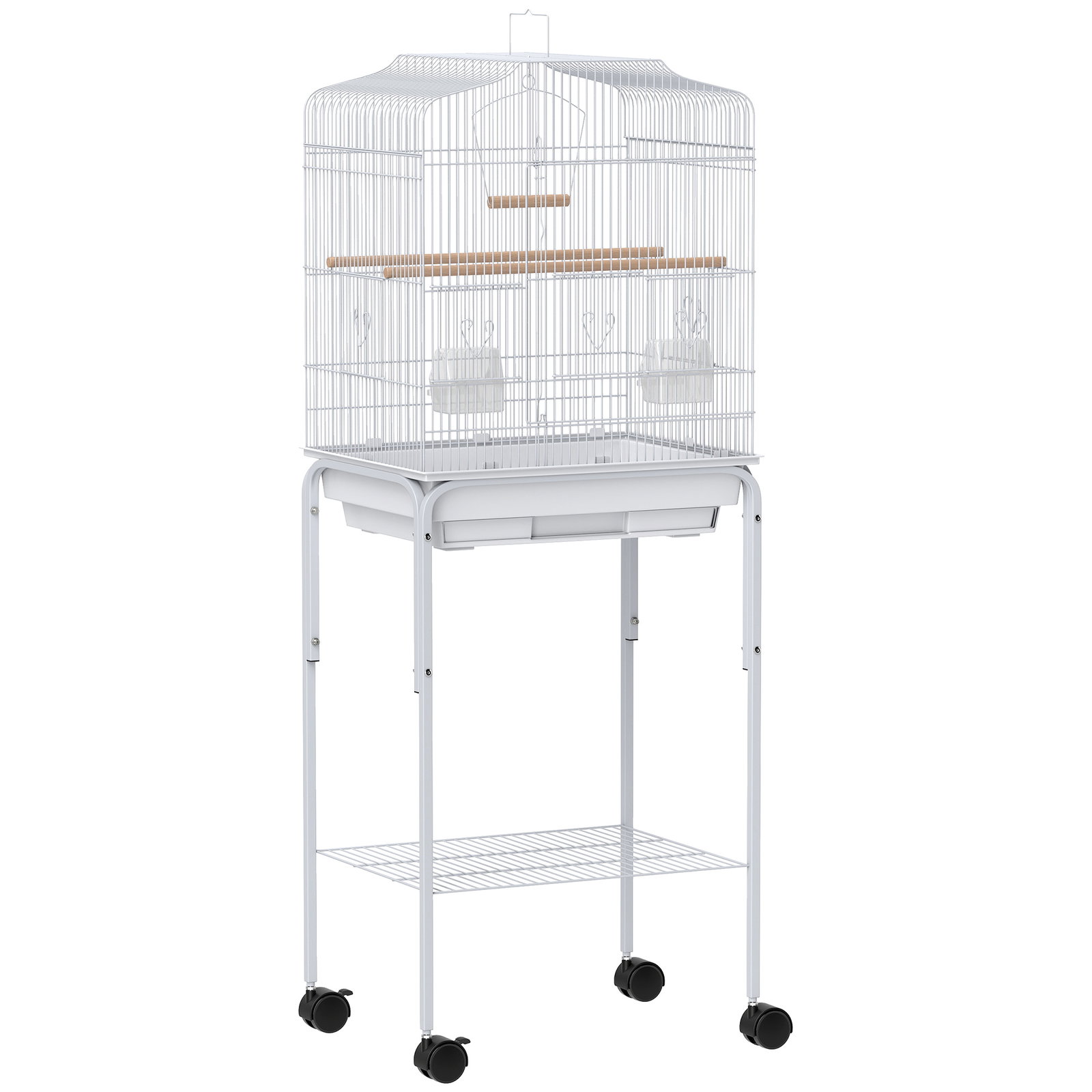 Gaiola para pássaros com rodas prateleira portas 2 comedouros 2 poleiros baloiço bandeja removível 46,5x36x124 cm branco