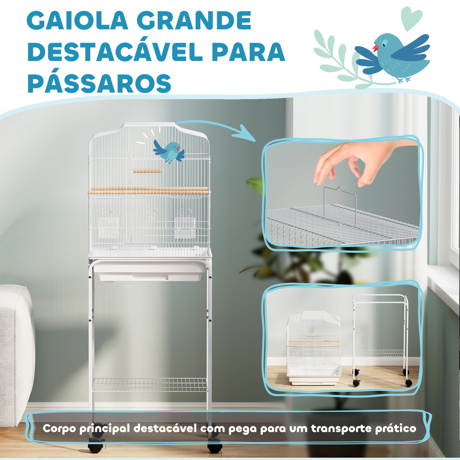 Gaiola para pássaros com rodas prateleira portas 2 comedouros 2 poleiros baloiço bandeja removível 46,5x36x124 cm branco