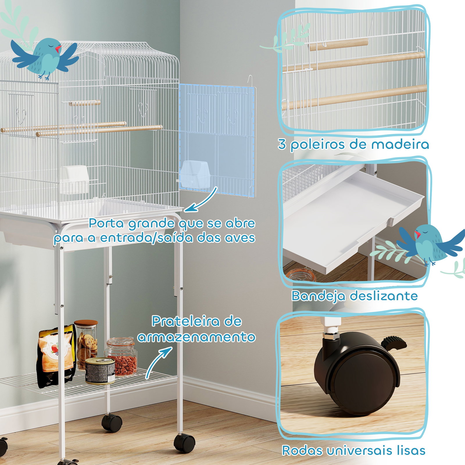 Gaiola para pássaros com rodas prateleira portas 2 comedouros 2 poleiros baloiço bandeja removível 46,5x36x124 cm branco