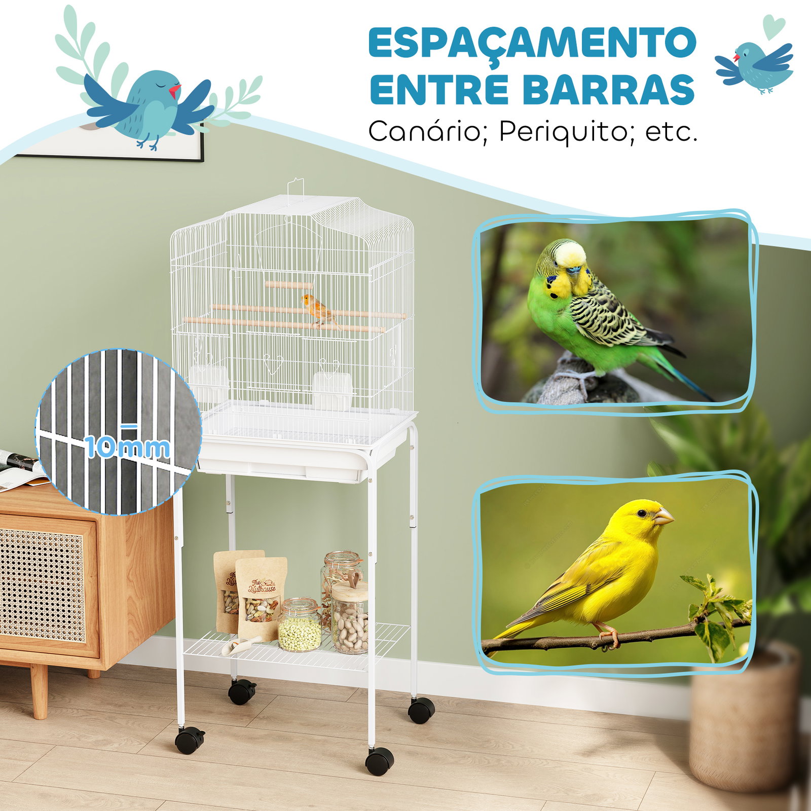 Gaiola para pássaros com rodas prateleira portas 2 comedouros 2 poleiros baloiço bandeja removível 46,5x36x124 cm branco