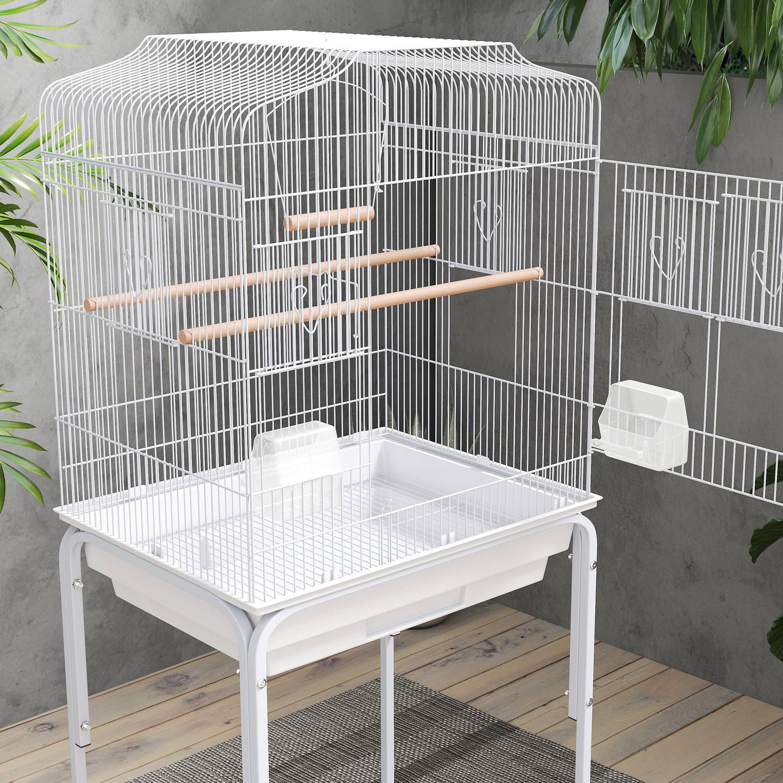 Gaiola para pássaros com rodas prateleira portas 2 comedouros 2 poleiros baloiço bandeja removível 46,5x36x124 cm branco