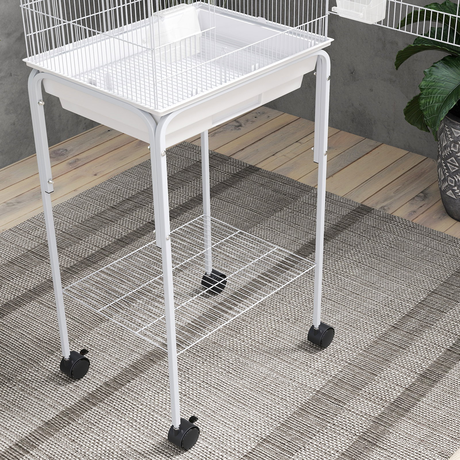Gaiola para pássaros com rodas prateleira portas 2 comedouros 2 poleiros baloiço bandeja removível 46,5x36x124 cm branco