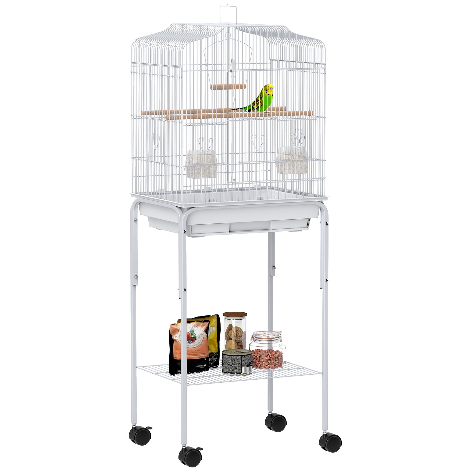 Gaiola para pássaros com rodas prateleira portas 2 comedouros 2 poleiros baloiço bandeja removível 46,5x36x124 cm branco