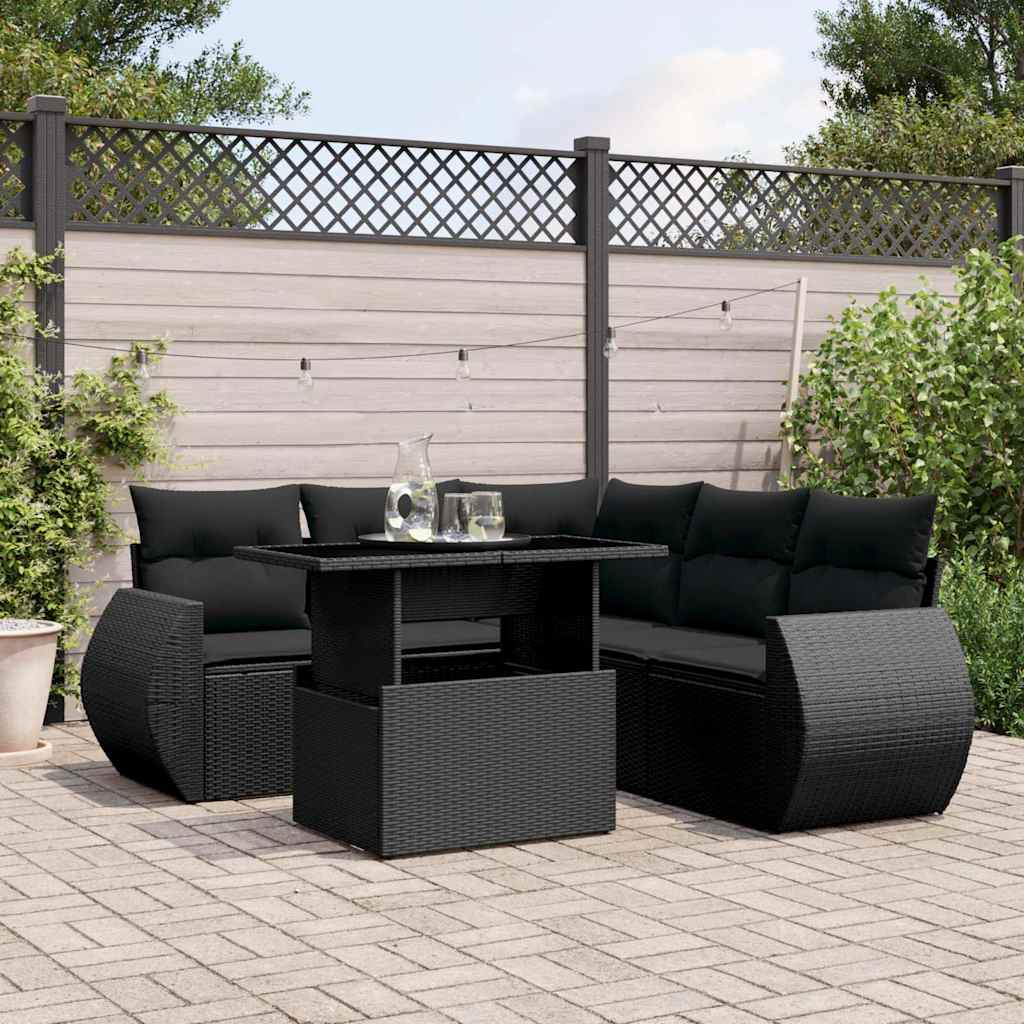 6 Pcs conjunto sofás de jardim c/ almofadões vime PE preto