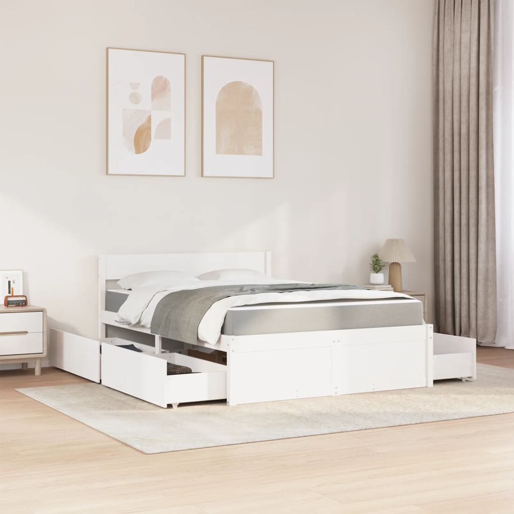 Cama com gavetas e colchão 140x190 cm pinho maciço branco