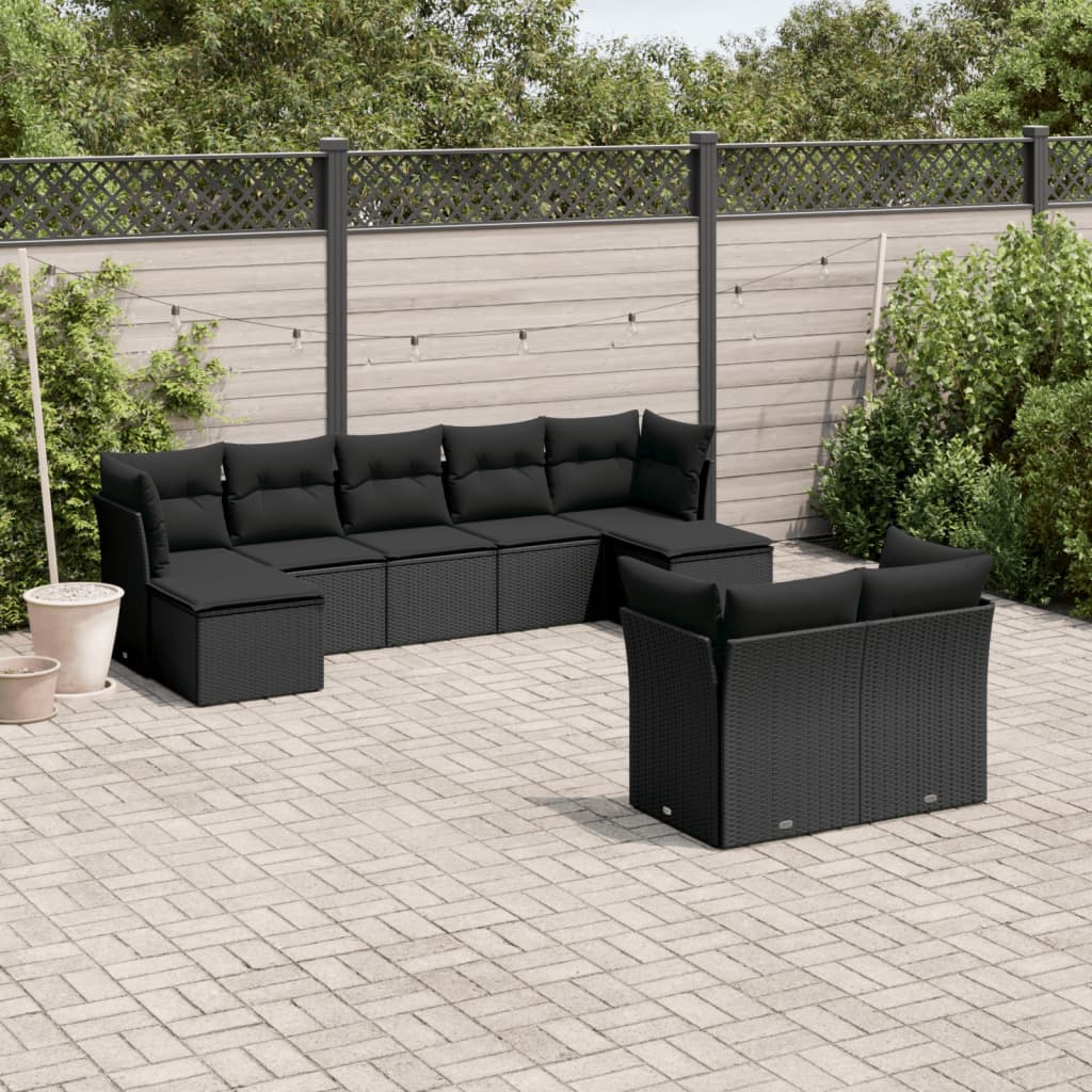 9 Pcs conjunto de sofás p/ jardim c/ almofadões vime PE preto