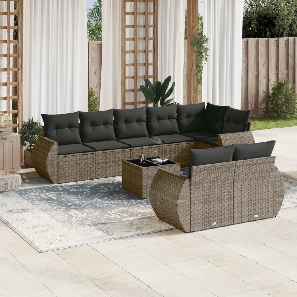 9 Pcs conjunto sofás p/ jardim com almofadões vime PE cinzento