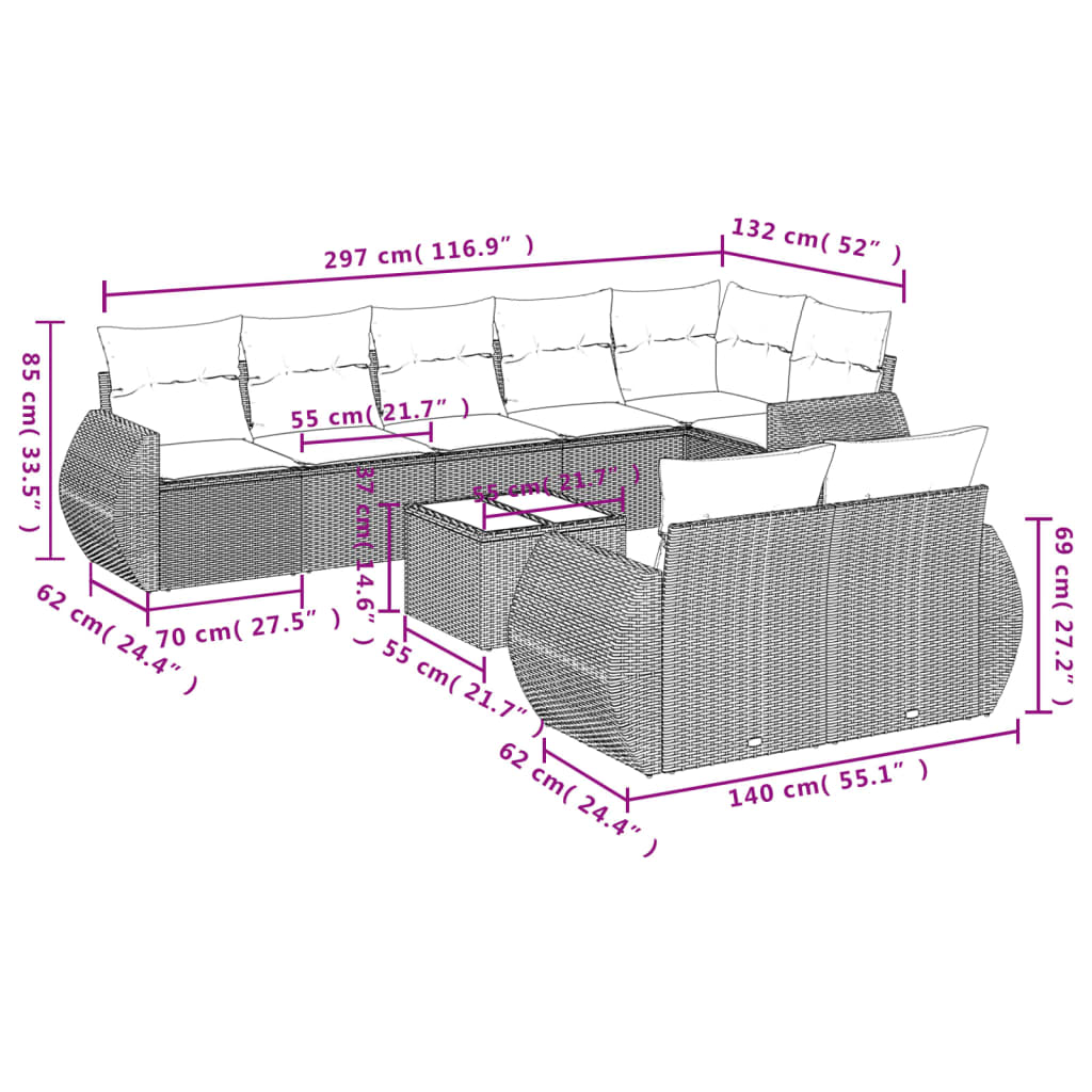 9 Pcs conjunto sofás p/ jardim com almofadões vime PE cinzento