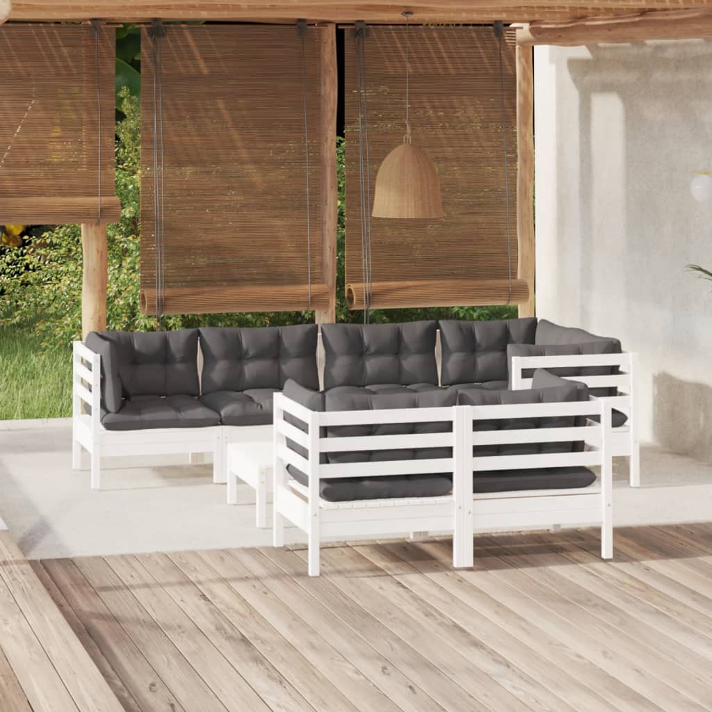 8 Pcs conj. lounge de jardim c/ almofadões pinho maciço branco
