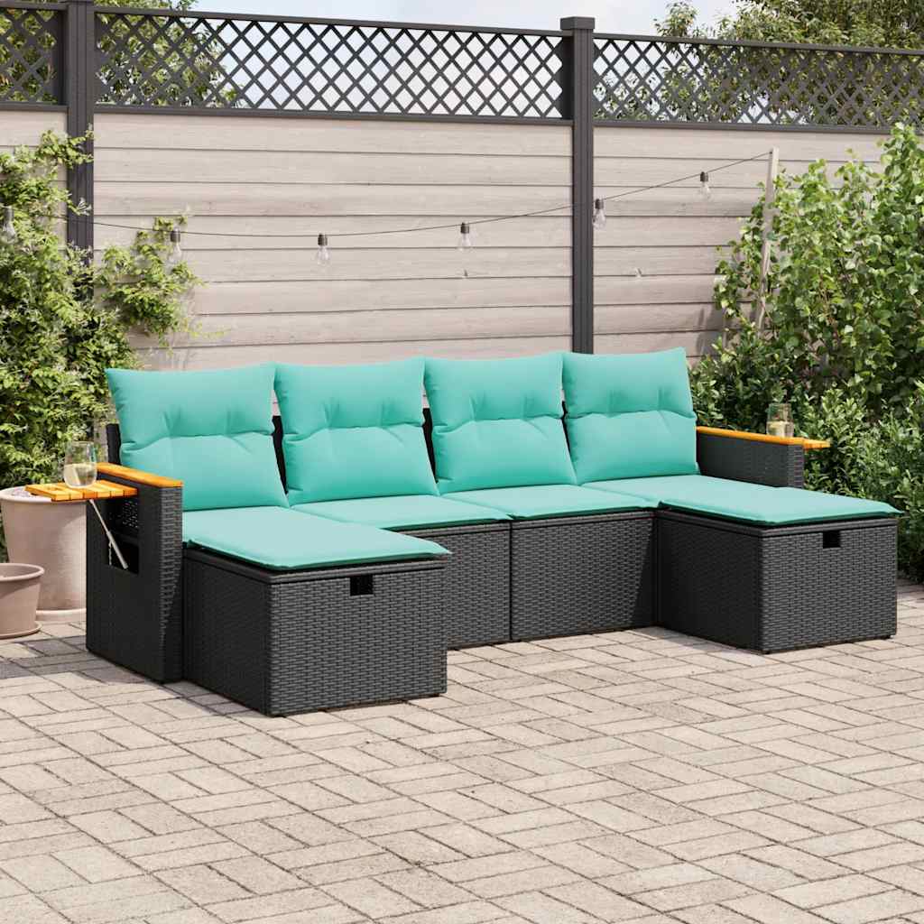 6 Pcs conjunto sofás de jardim c/ almofadões vime PE preto
