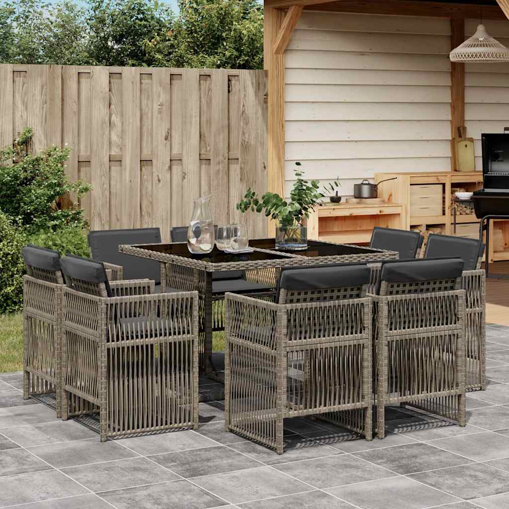 9 Pcs conjunto de jantar p/ jardim c/ almofadões vime PE cinza