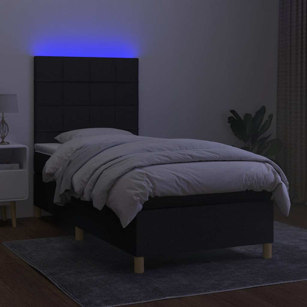 Cama box spring c/ colchão e LED 90x200 cm tecido preto