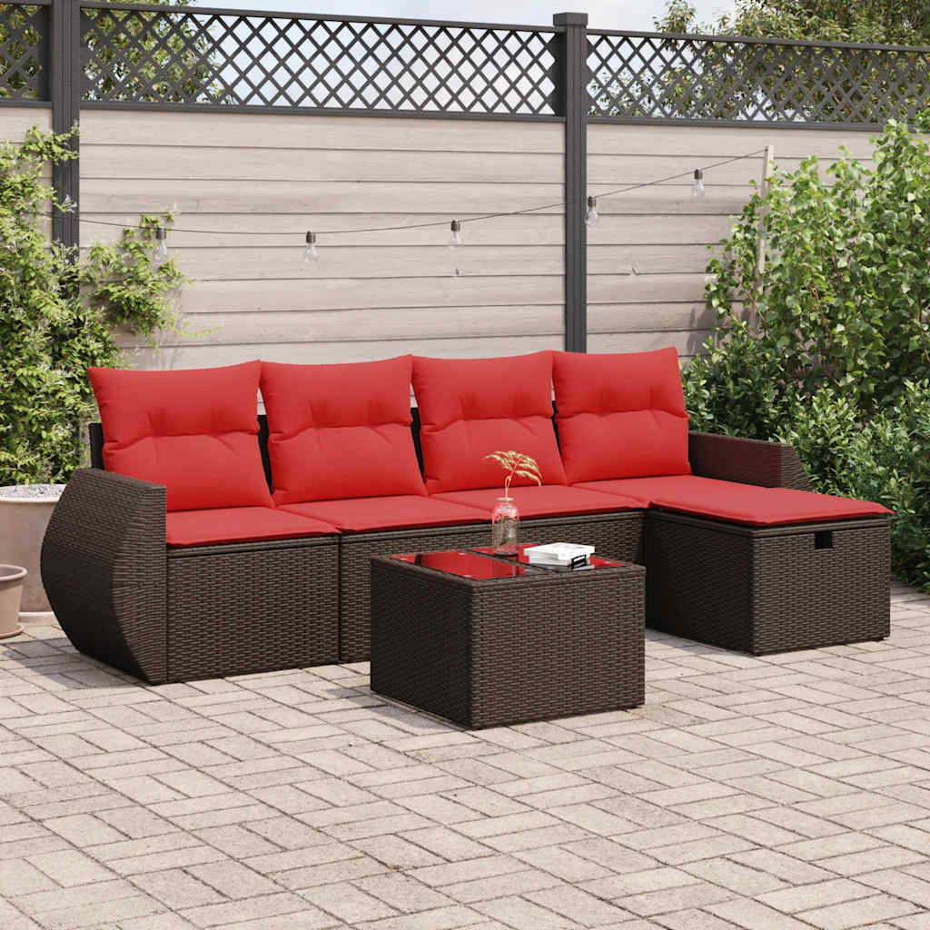 6 Pcs conjunto de sofás jardim c/ almofadões vime PE castanho