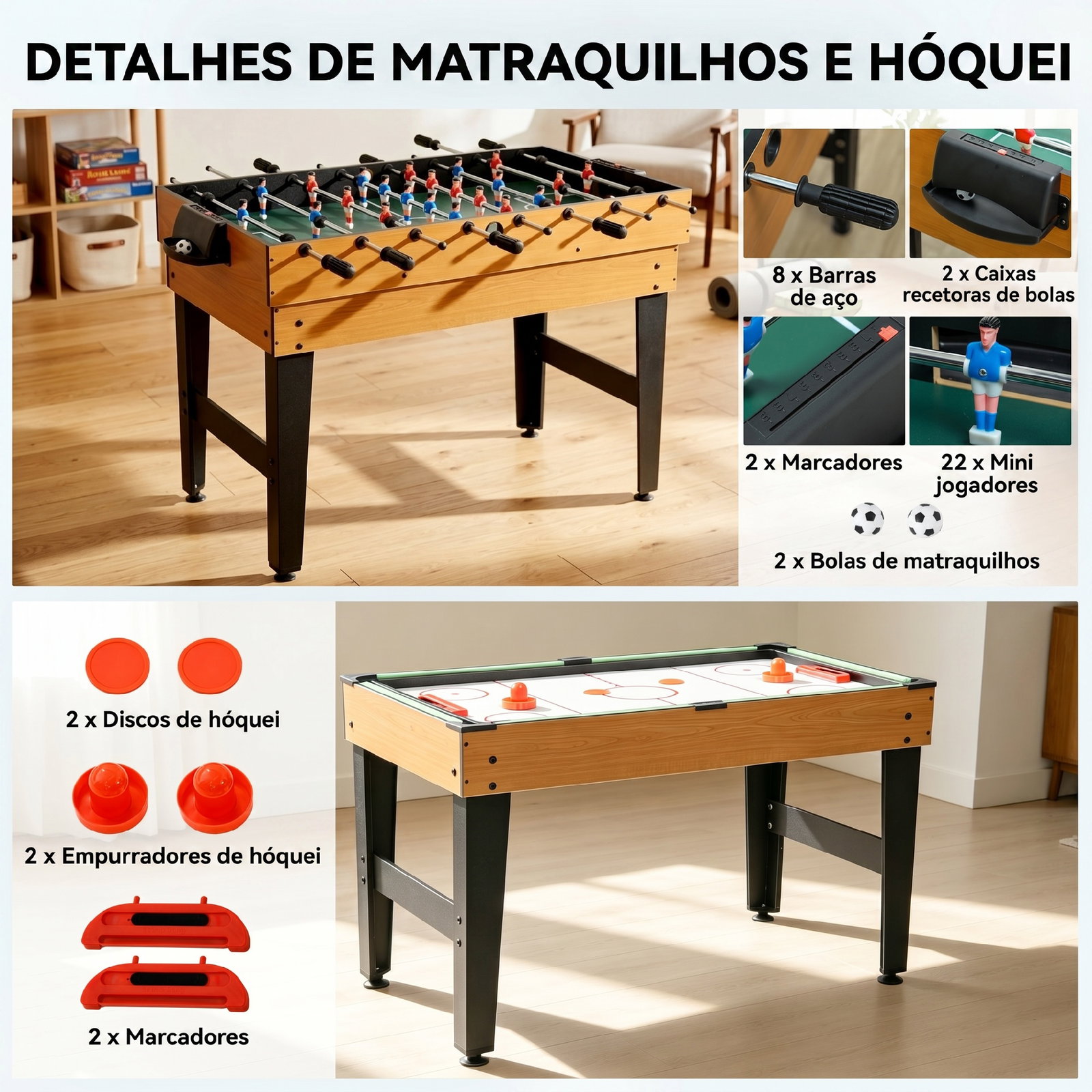 Mesa multijogos 4 em 1 com matraquilhos bilhar hóquei de mesa e ping-pong para crianças e adultos 107x61x84,5 cm natural