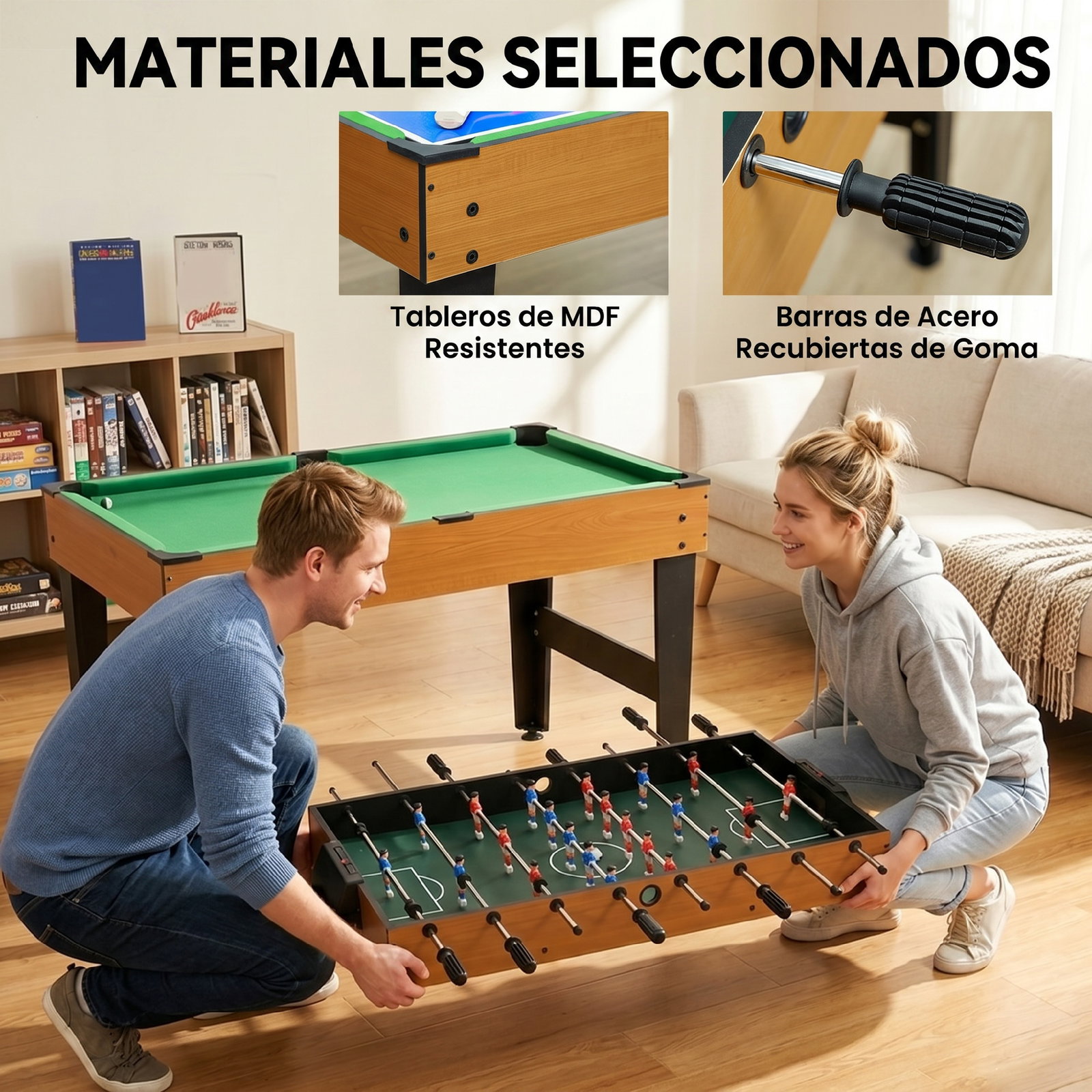 Mesa multijogos 4 em 1 com matraquilhos bilhar hóquei de mesa e ping-pong para crianças e adultos 107x61x84,5 cm natural