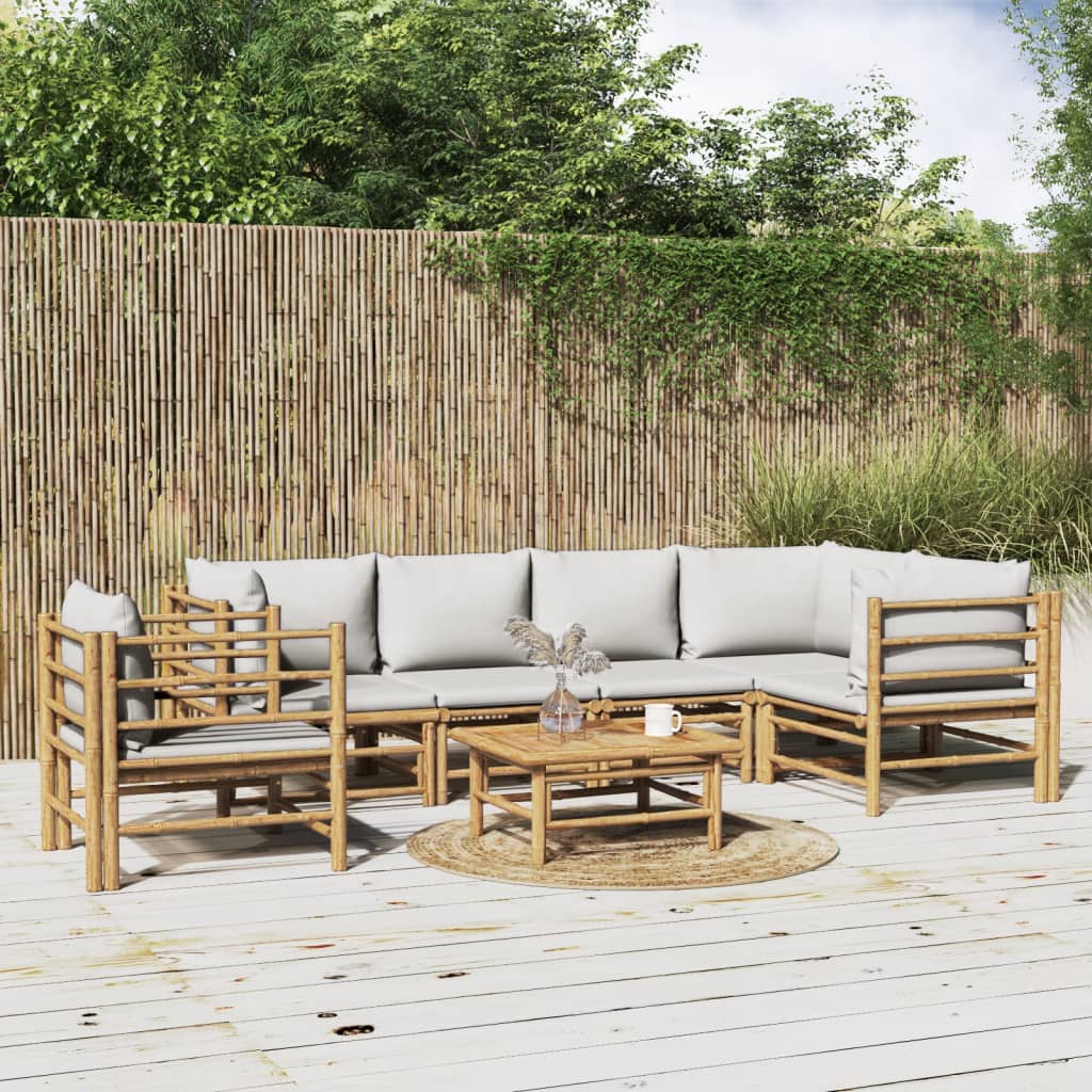 7 Pcs conj. lounge de jardim bambu c/ almofadões cinzento-claro
