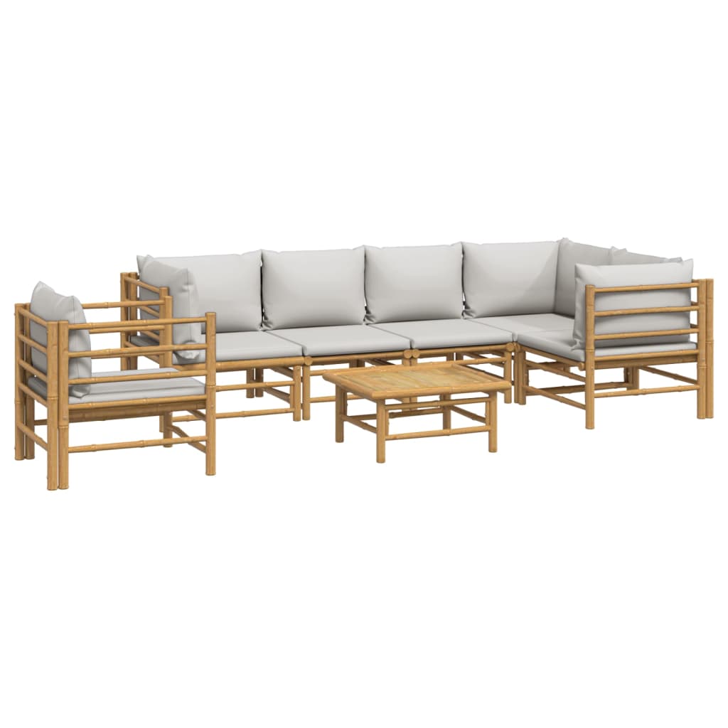 7 Pcs conj. lounge de jardim bambu c/ almofadões cinzento-claro