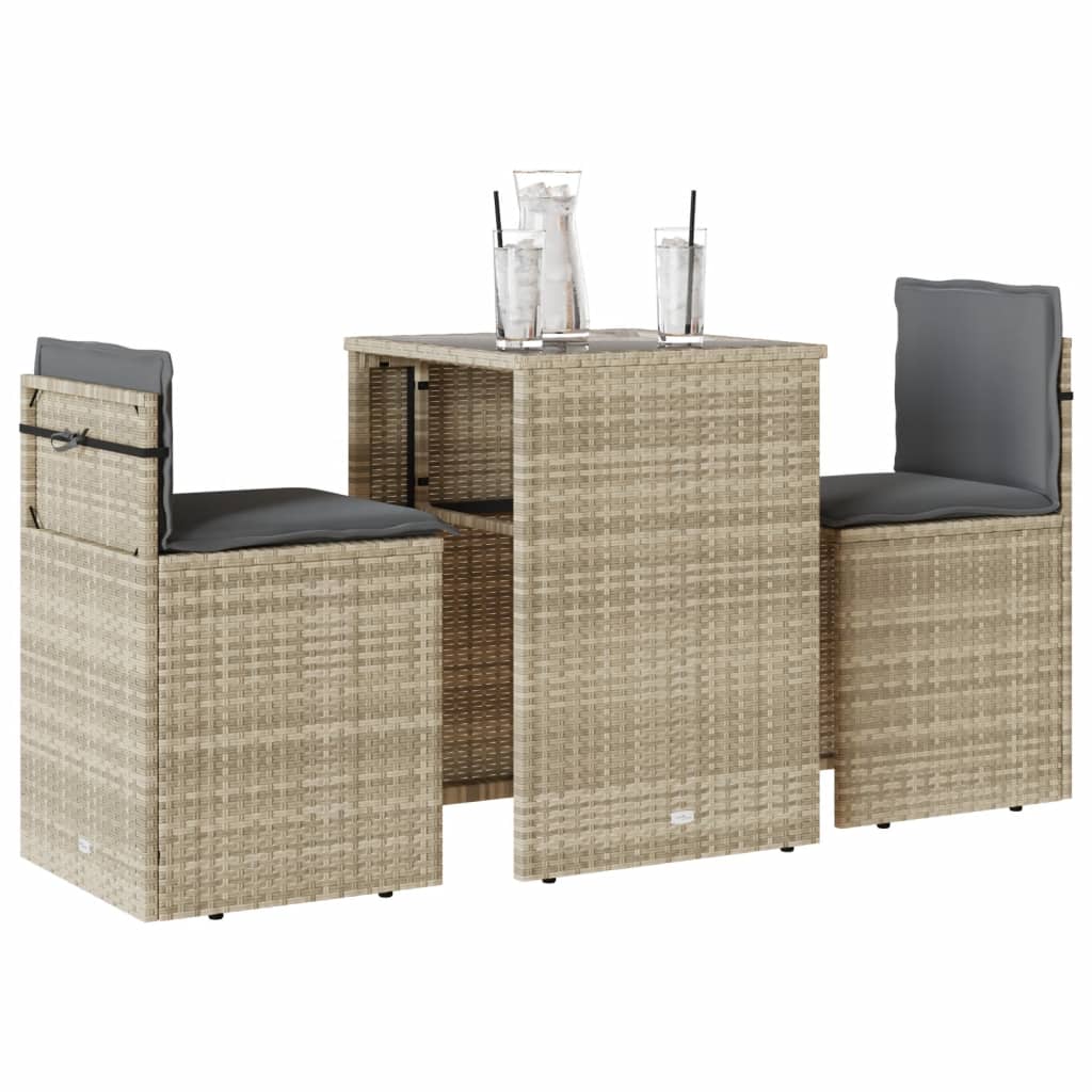 3 Pcs conjunto bistrô com almofadões vime PE cinzento claro