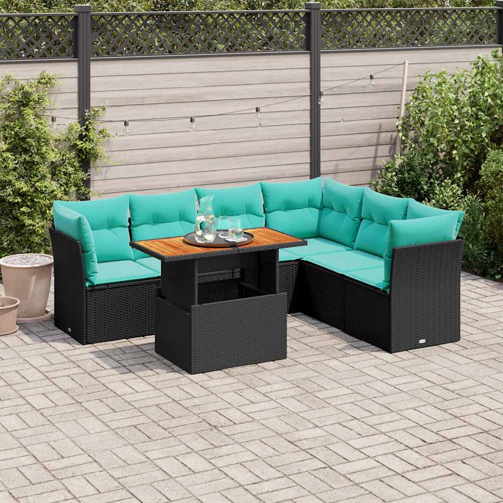 7 Pcs conjunto de sofás p/ jardim c/ almofadões vime PE preto
