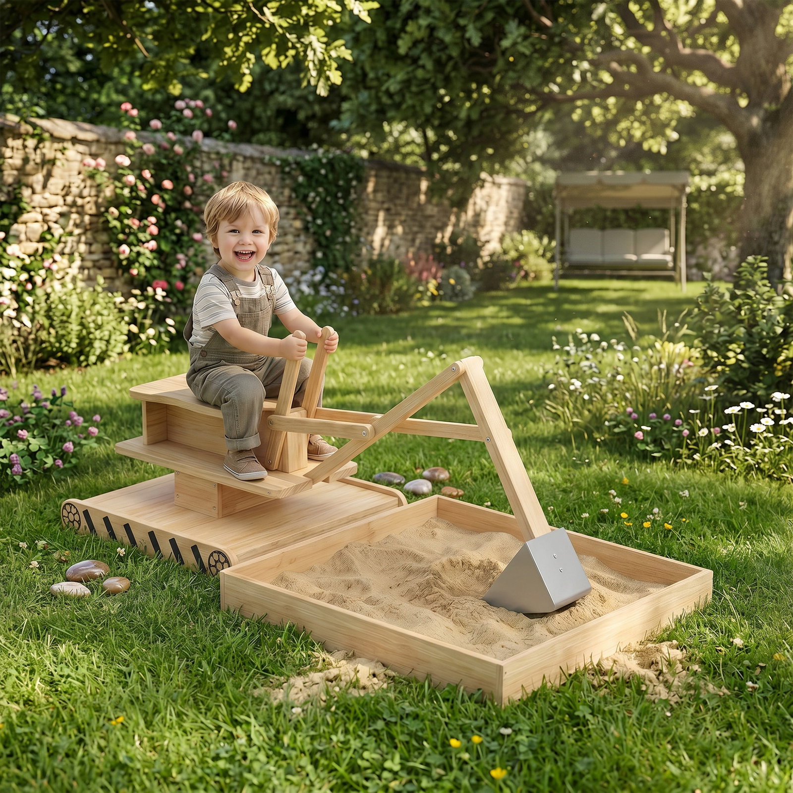 Caixa de areia infantil de madeira com escavadora assento giratório 360° e forro 184x90x56 cm madeira