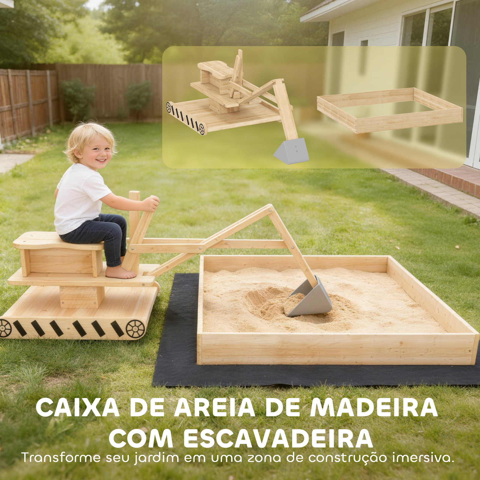 Caixa de areia infantil de madeira com escavadora assento giratório 360° e forro 184x90x56 cm madeira