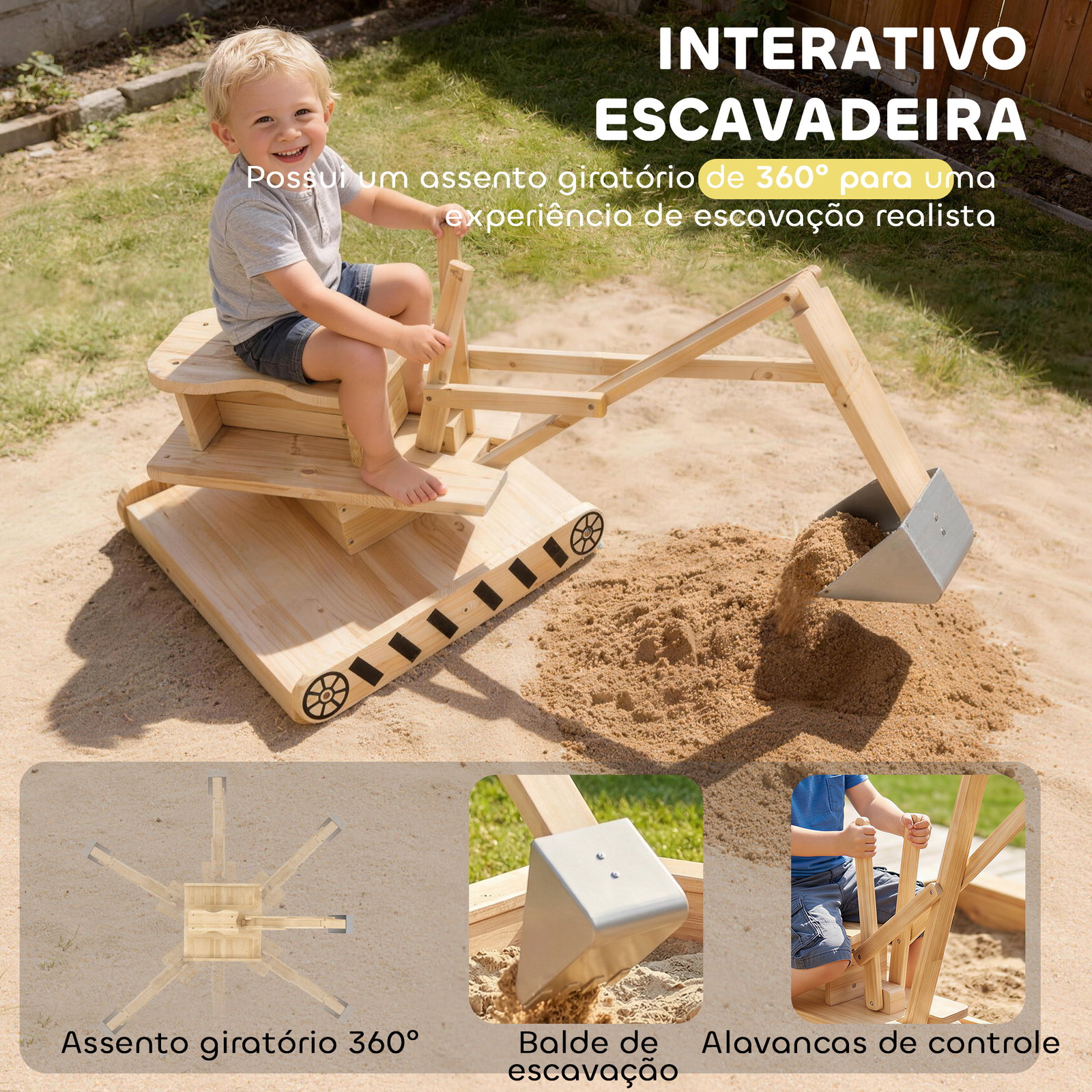 Caixa de areia infantil de madeira com escavadora assento giratório 360° e forro 184x90x56 cm madeira