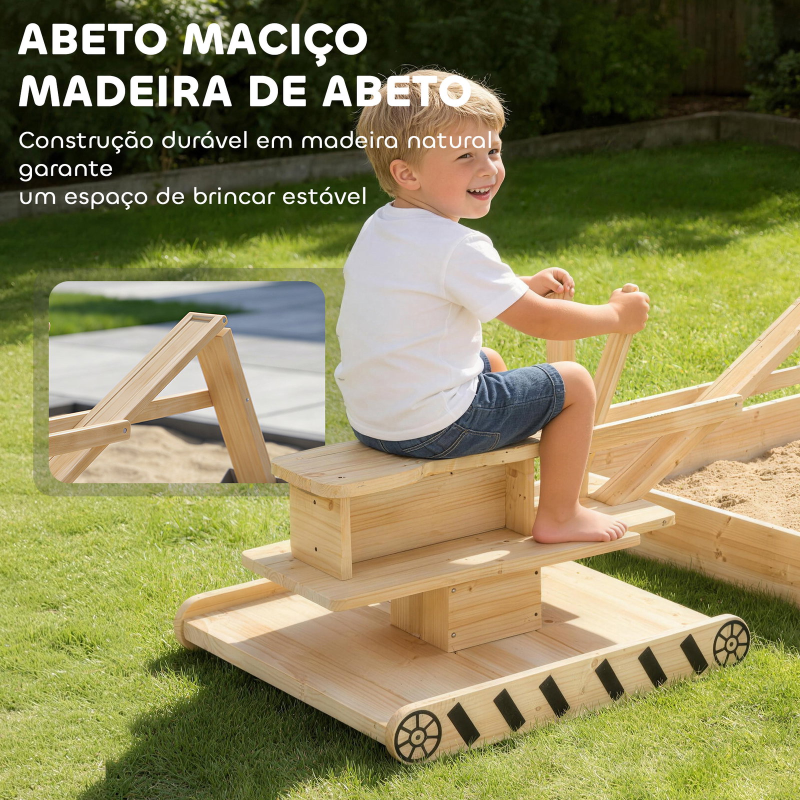 Caixa de areia infantil de madeira com escavadora assento giratório 360° e forro 184x90x56 cm madeira