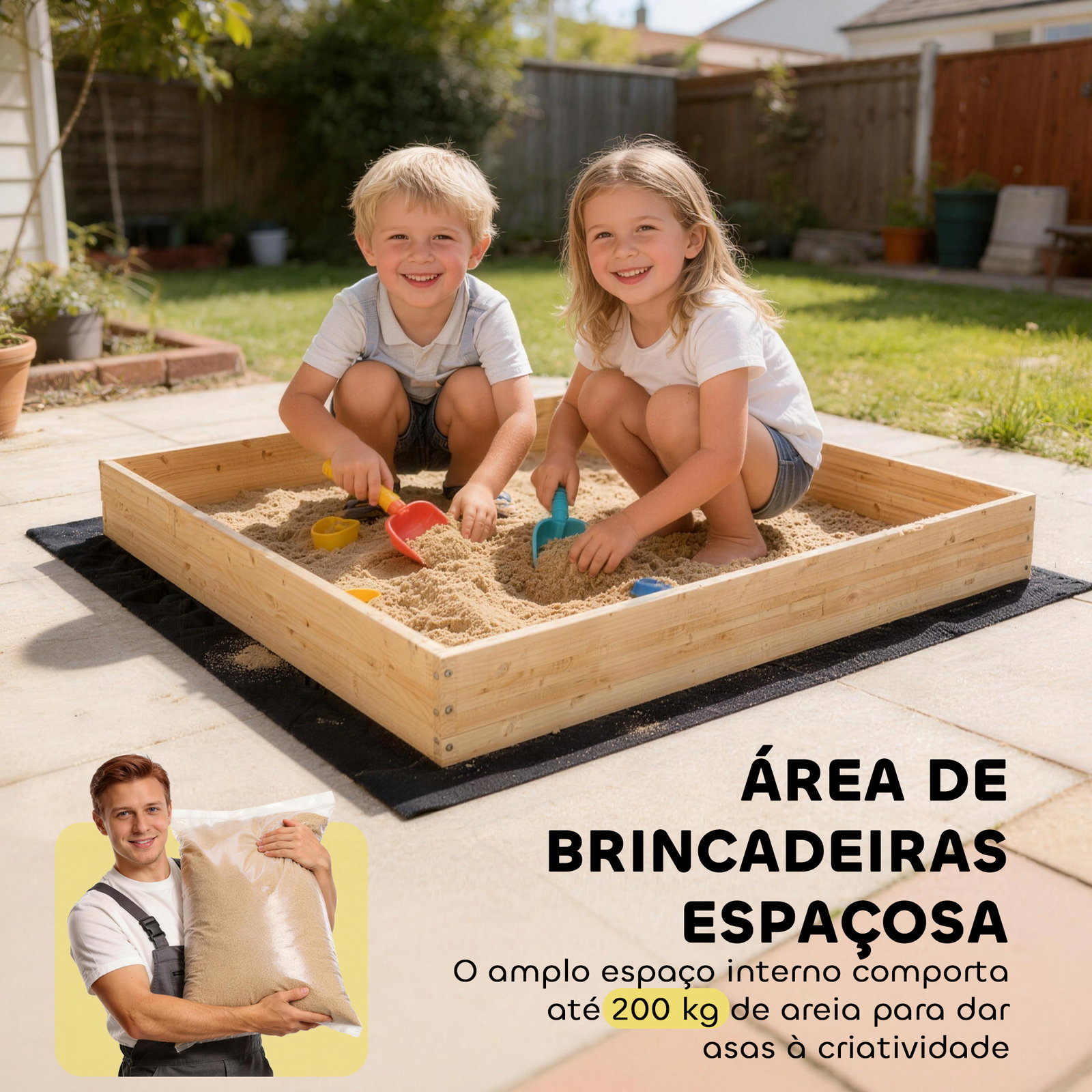 Caixa de areia infantil de madeira com escavadora assento giratório 360° e forro 184x90x56 cm madeira