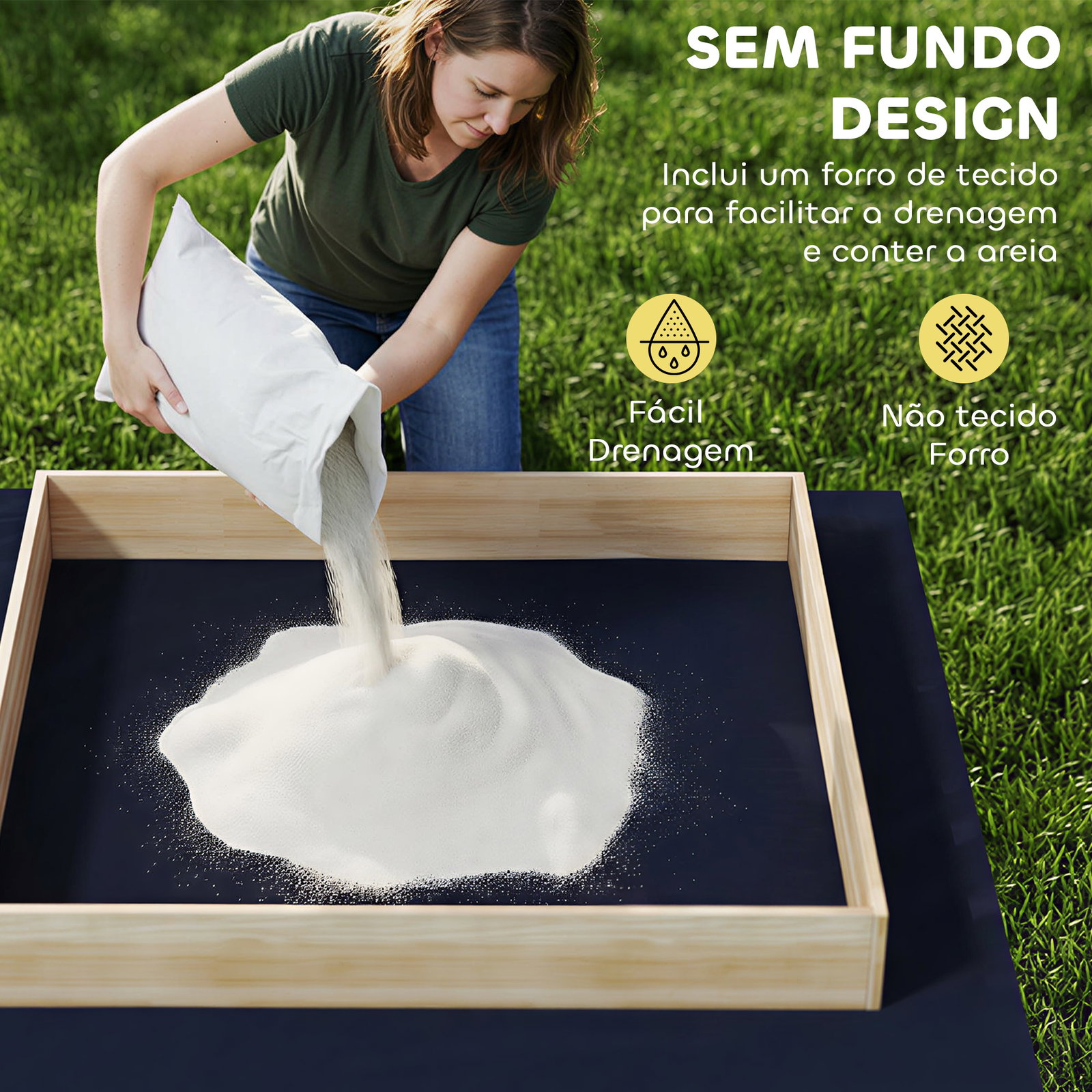 Caixa de areia infantil de madeira com escavadora assento giratório 360° e forro 184x90x56 cm madeira