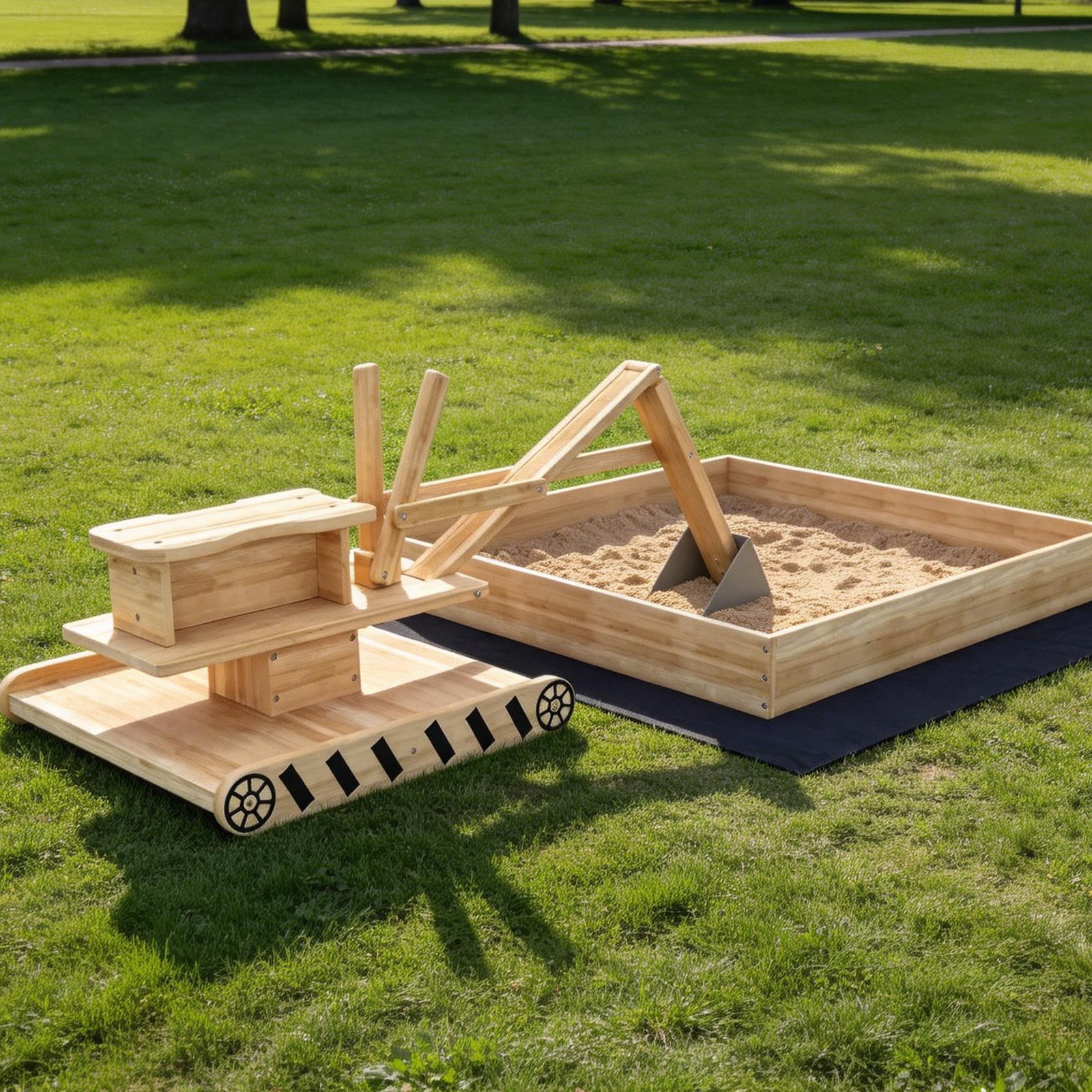 Caixa de areia infantil de madeira com escavadora assento giratório 360° e forro 184x90x56 cm madeira