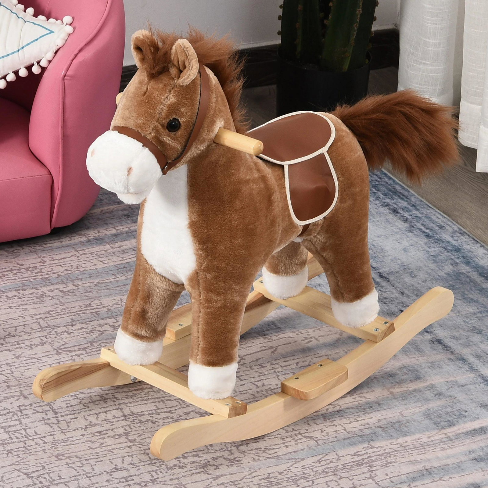 Cavalo baloiço para crianças cavalo baloiço de pelúcia suave com música relinchos sons de galope boca e cauda móveis 65x32,5x61 cm marrom