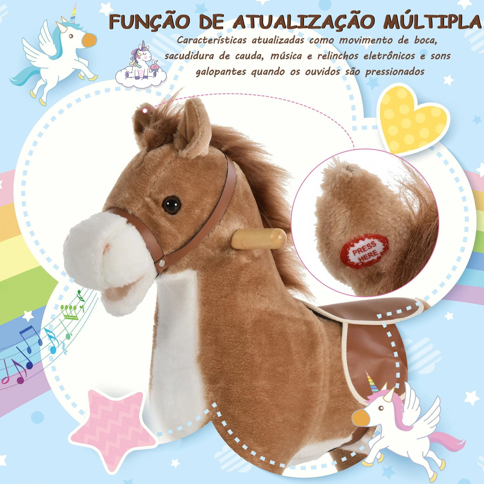 Cavalo baloiço para crianças cavalo baloiço de pelúcia suave com música relinchos sons de galope boca e cauda móveis 65x32,5x61 cm marrom
