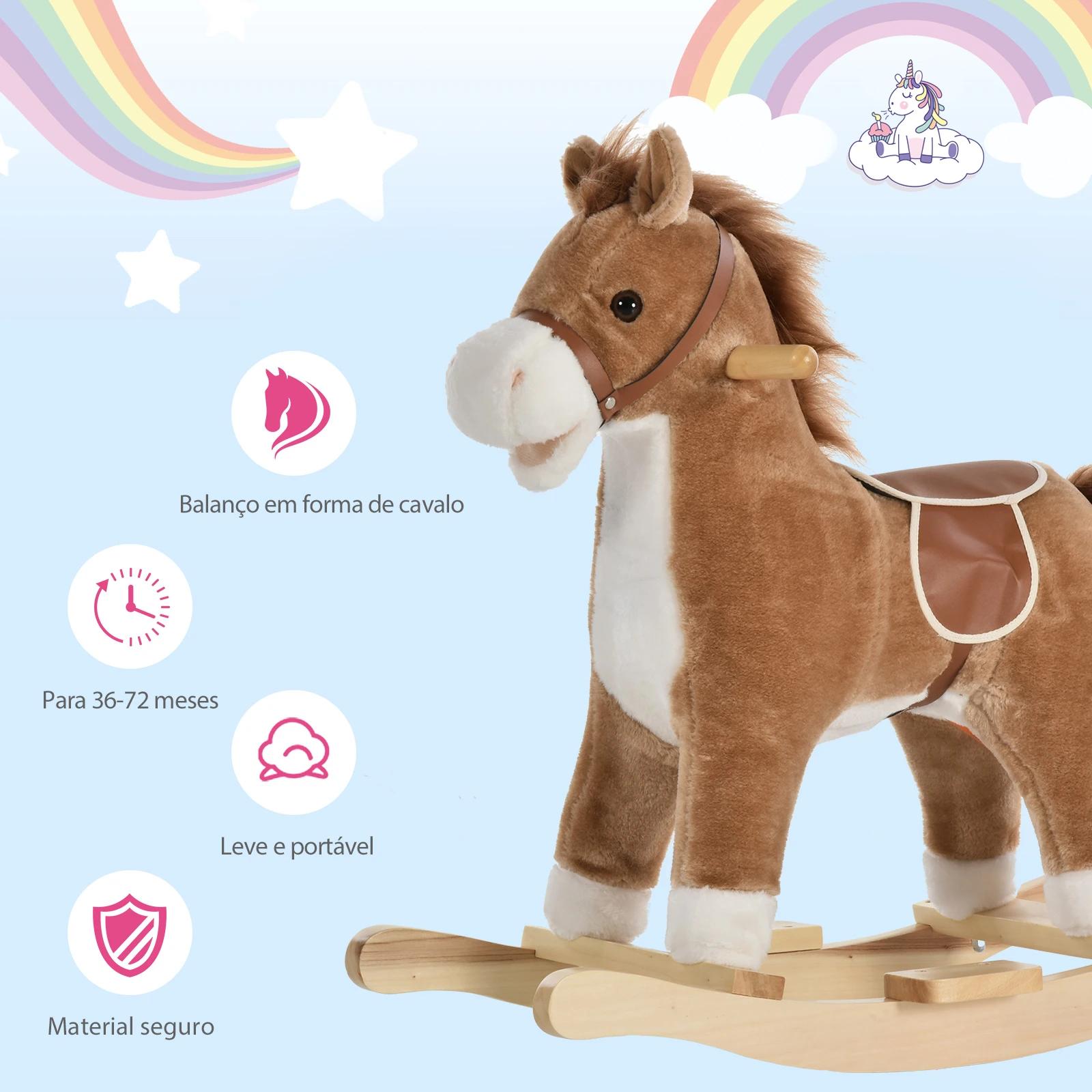 Cavalo baloiço para crianças cavalo baloiço de pelúcia suave com música relinchos sons de galope boca e cauda móveis 65x32,5x61 cm marrom