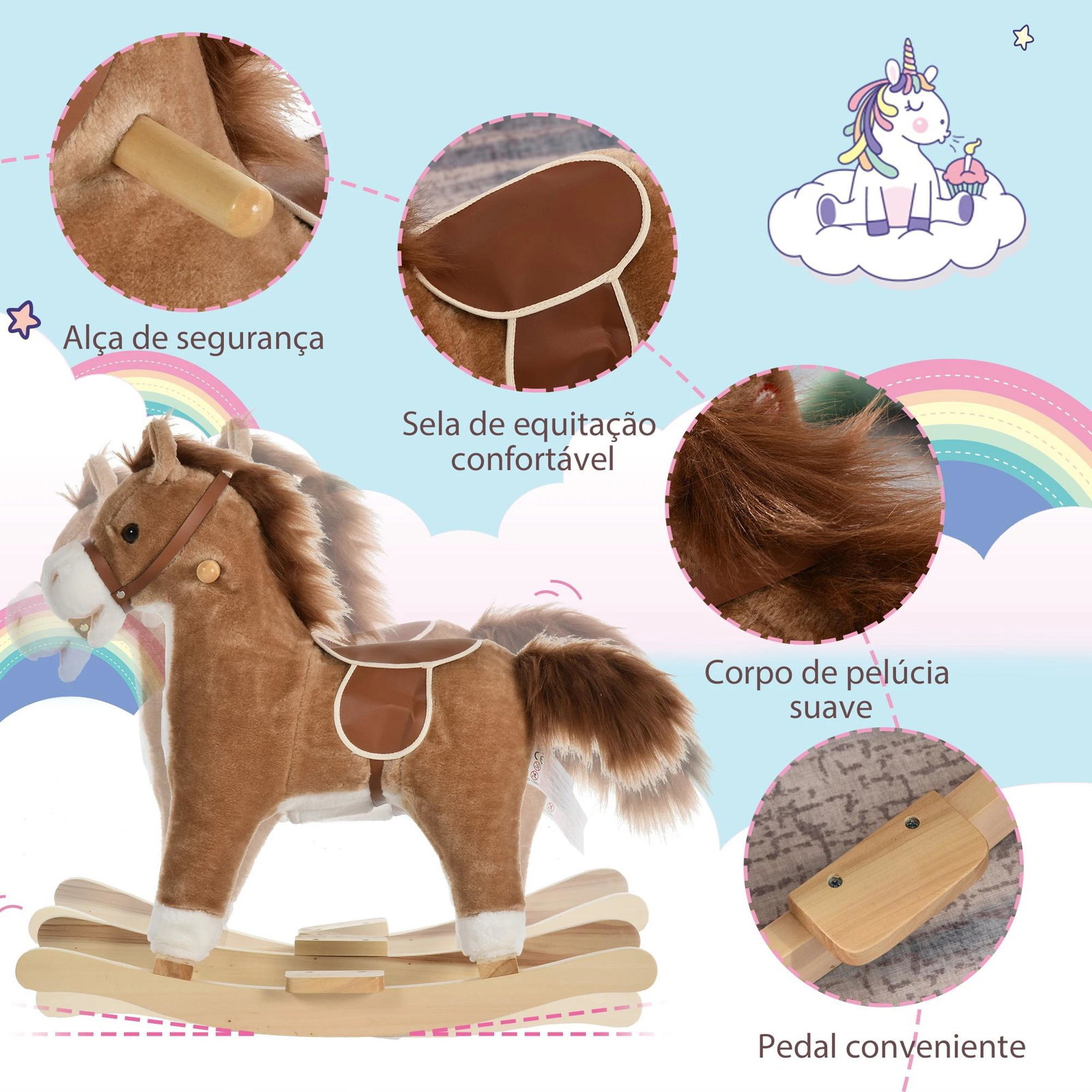 Cavalo baloiço para crianças cavalo baloiço de pelúcia suave com música relinchos sons de galope boca e cauda móveis 65x32,5x61 cm marrom