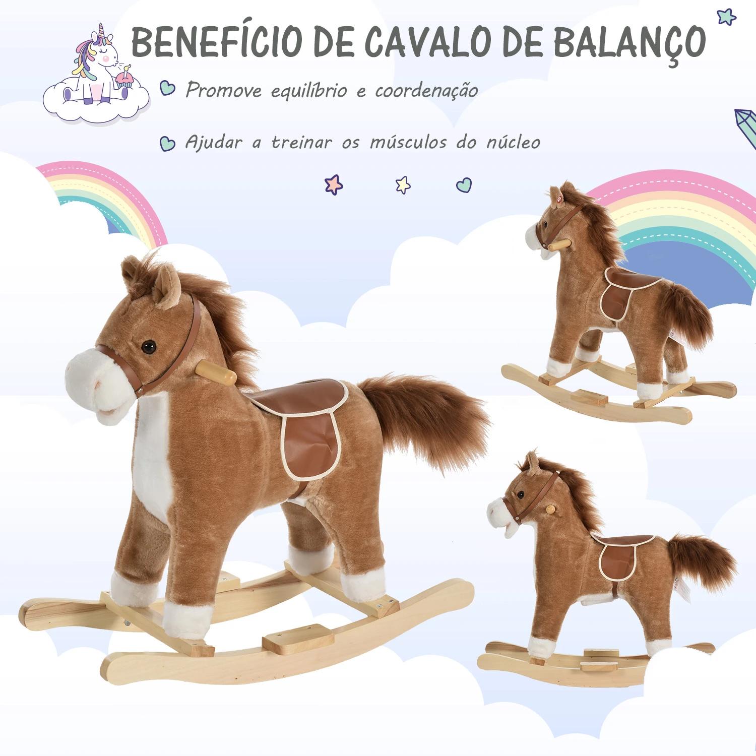 Cavalo baloiço para crianças cavalo baloiço de pelúcia suave com música relinchos sons de galope boca e cauda móveis 65x32,5x61 cm marrom
