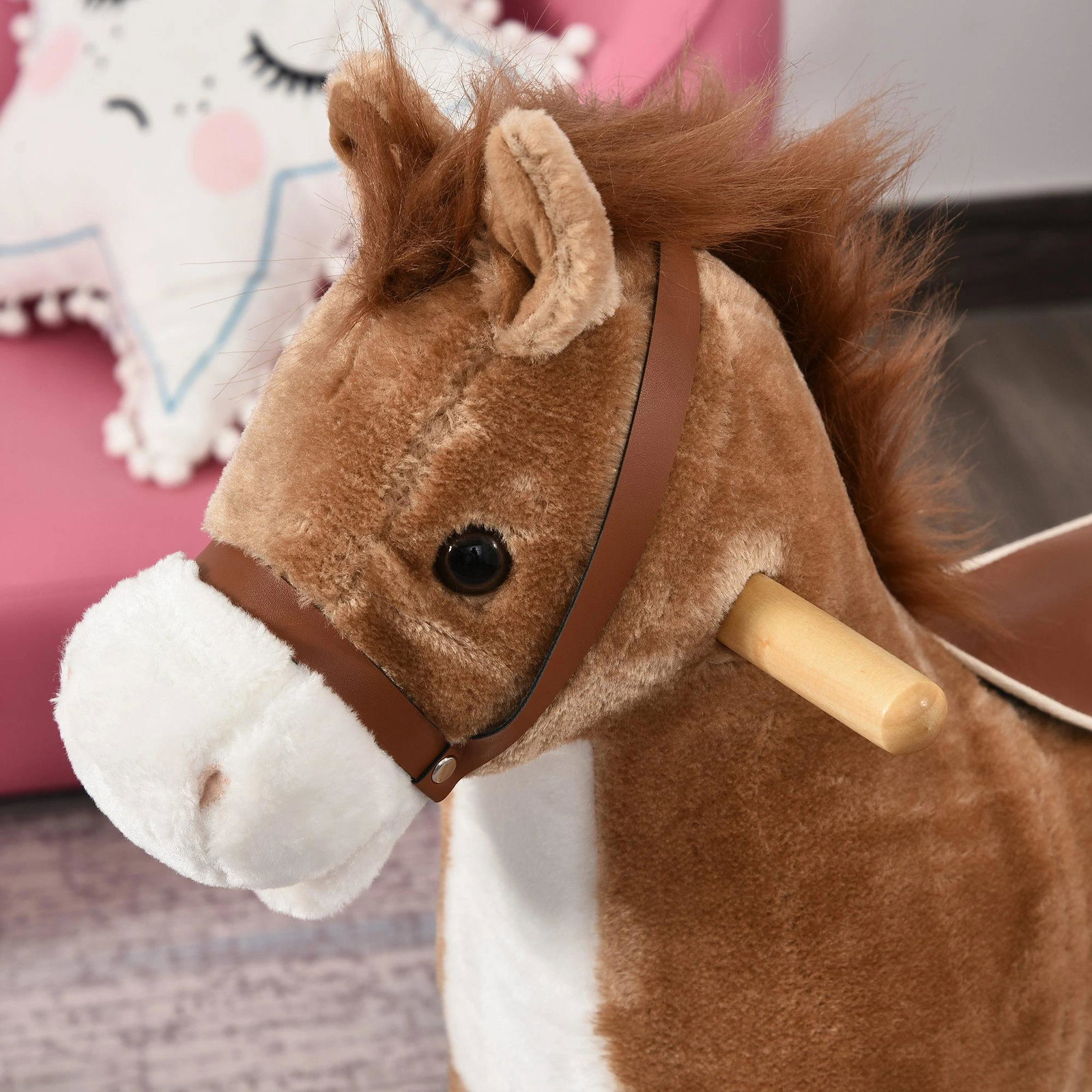 Cavalo baloiço para crianças cavalo baloiço de pelúcia suave com música relinchos sons de galope boca e cauda móveis 65x32,5x61 cm marrom