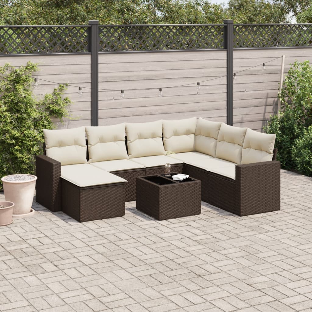 8 Pcs conjunto sofás de jardim c/ almofadões vime PE castanho