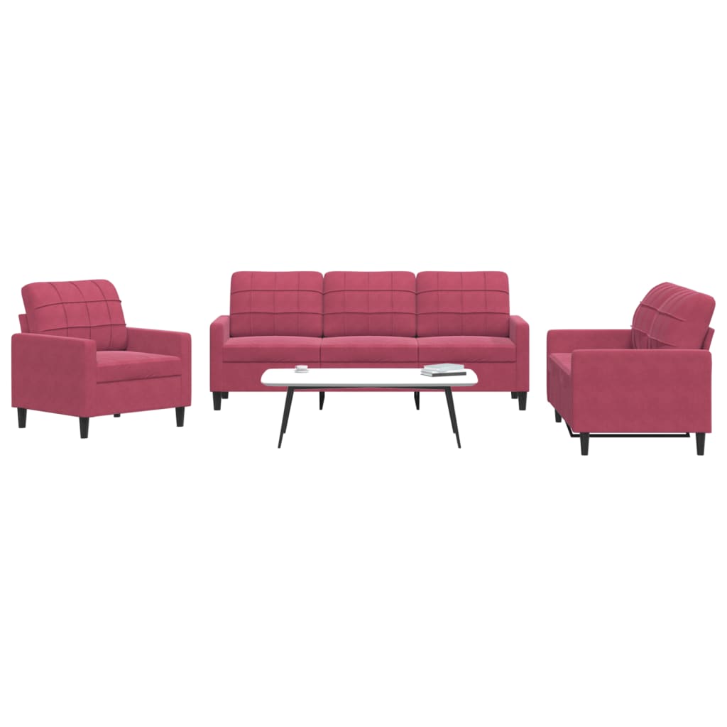 3 Pcs conjunto de sofás com almofadões veludo vermelho tinto