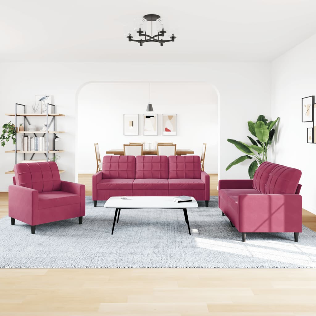 3 Pcs conjunto de sofás com almofadões veludo vermelho tinto