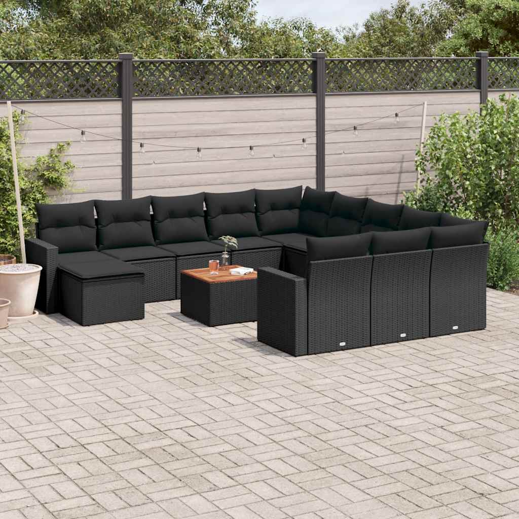 13 Pcs conjunto de sofás de jardim com almofadões vime PE preto