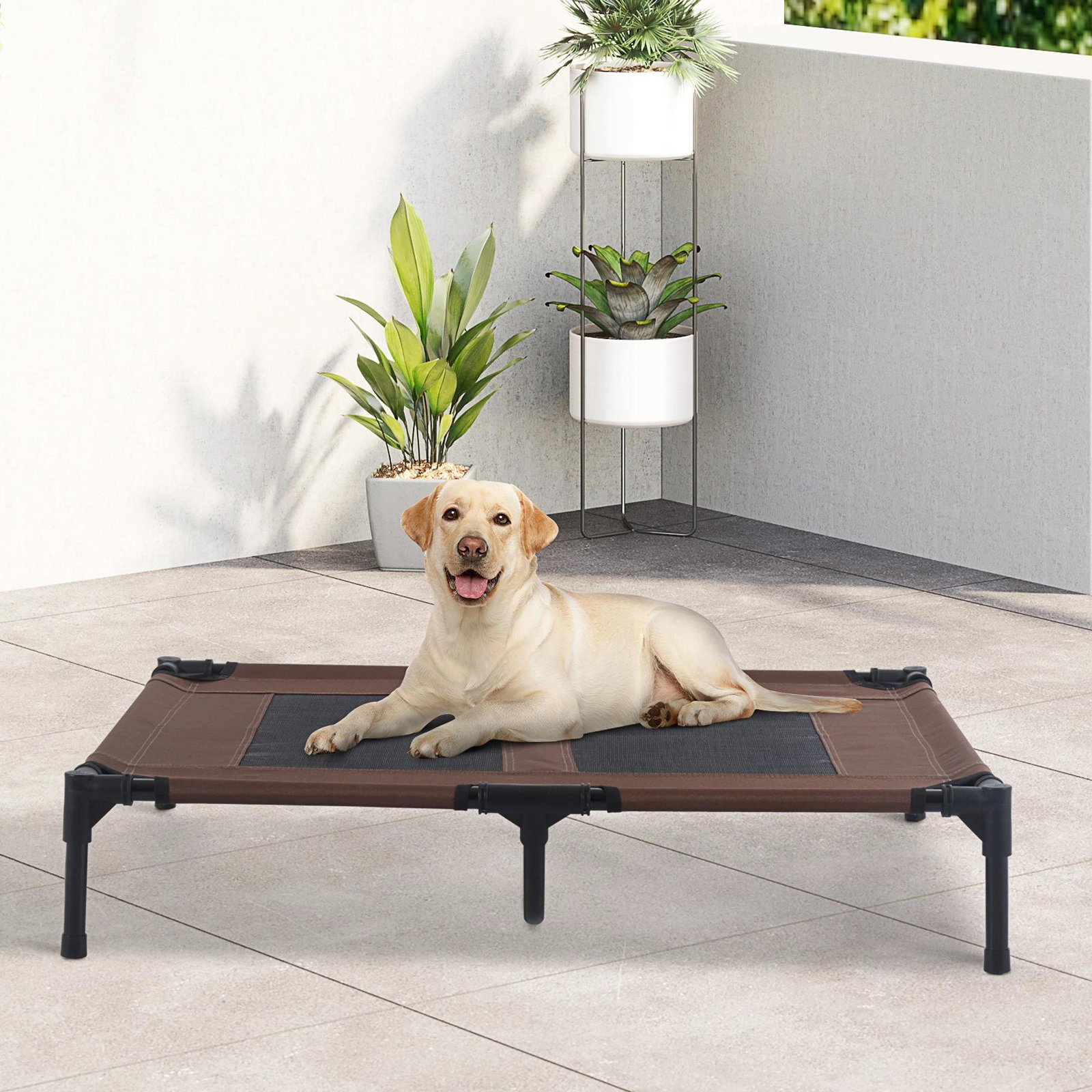 Cama elevada para cães cama de animais de estimação com malha transpirável e tecido oxford para exterior interior ar livre jardim terraço 92x76x18cm marrom