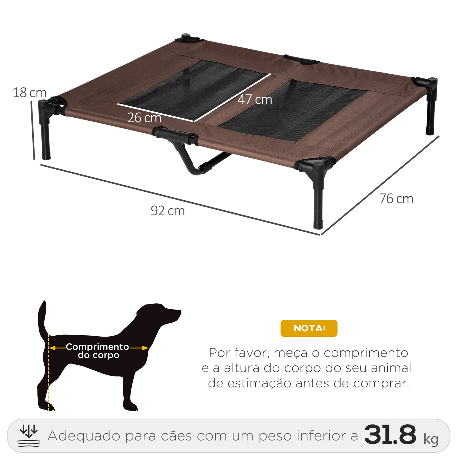 Cama elevada para cães cama de animais de estimação com malha transpirável e tecido oxford para exterior interior ar livre jardim terraço 92x76x18cm marrom
