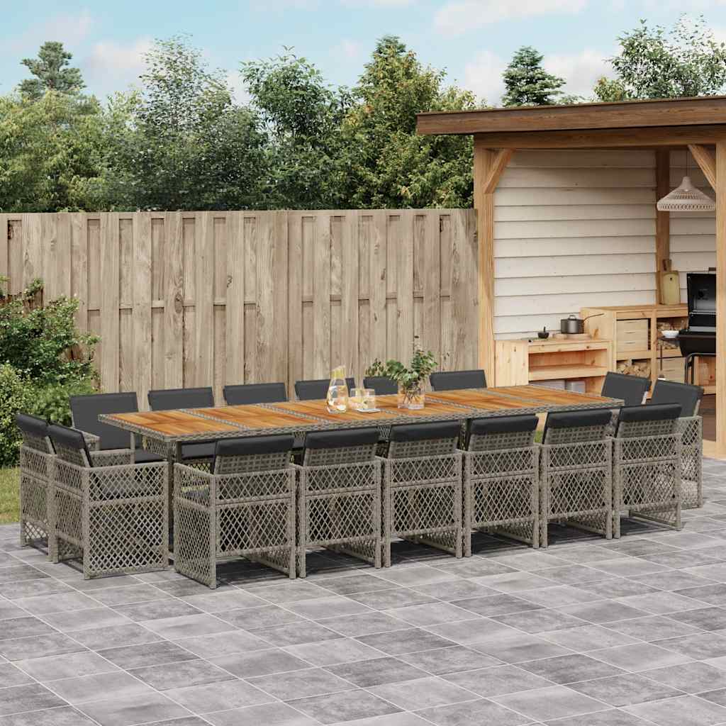 17 Pcs conj. de jantar p/ jardim c/ almofadões vime PE cinzento