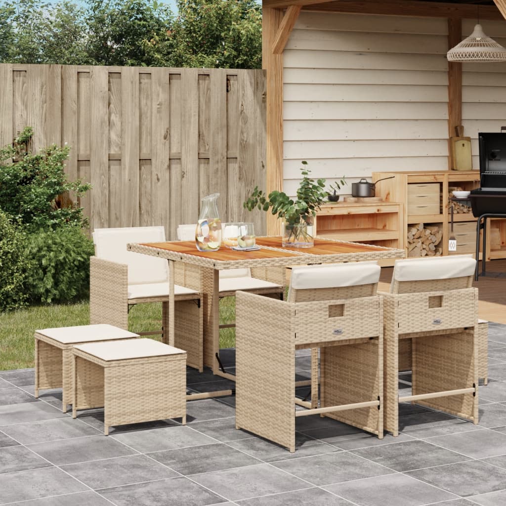 9 Pcs conjunto de jantar p/ jardim com almofadões vime PE bege
