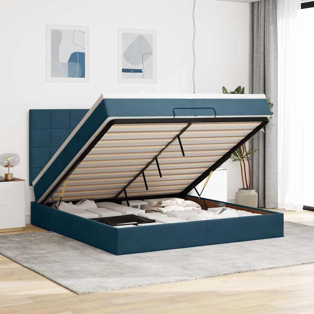 Estrutura de cama otomana com colchão azul escuro veludo