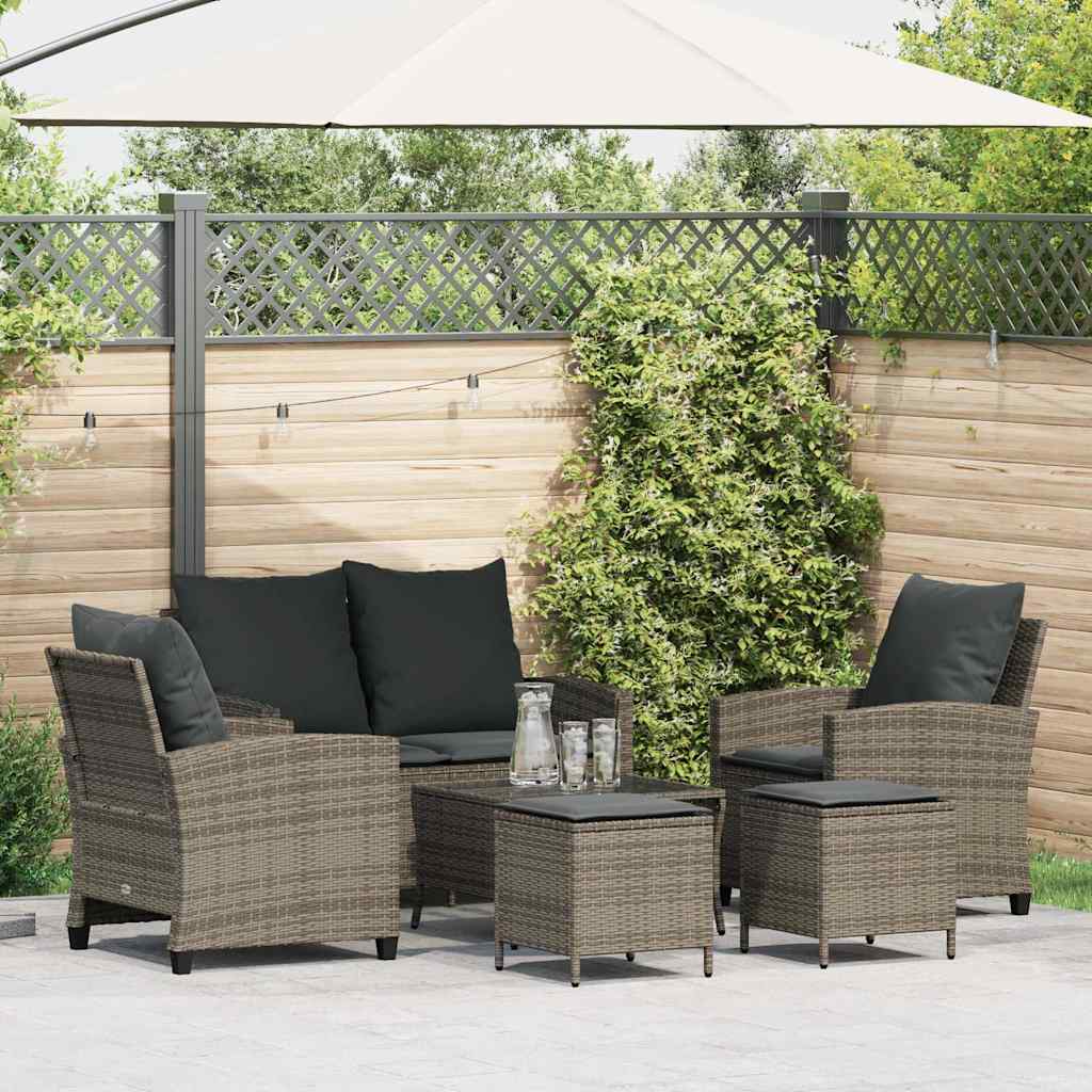 6 Pcs conjunto sofás de jardim com almofadões vime cinzento